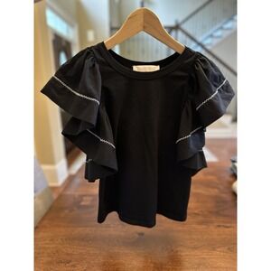 SeeByChloé Women's Size XS Black Flutter Sleeve Round Neck White Zigzag Stitch